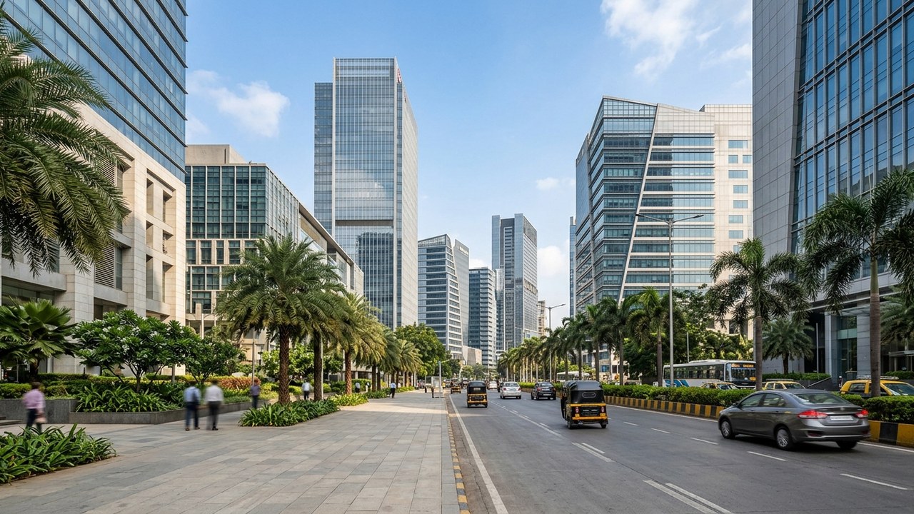 AI-generated photorealistic context: A wide street-level view of a modern business district in Mumbai, India, with realistic contemporary office buildings